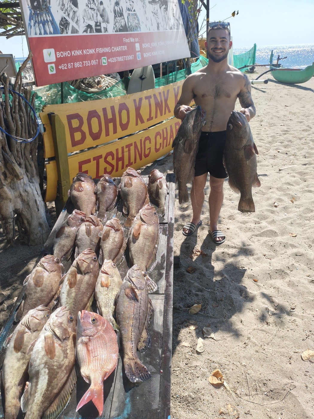 Grouper and a full table — Boho Kink Konk fishing charter, Kuta Bali